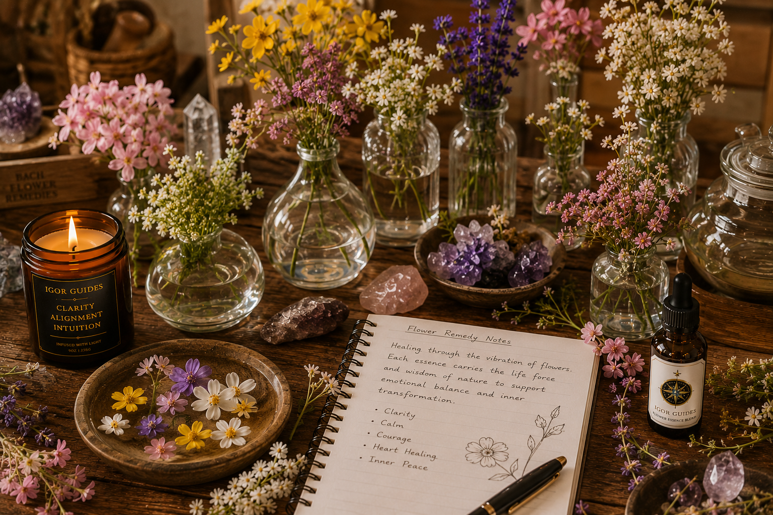 Five Igor Guides Flower Essence bottles with Bach Flower notes