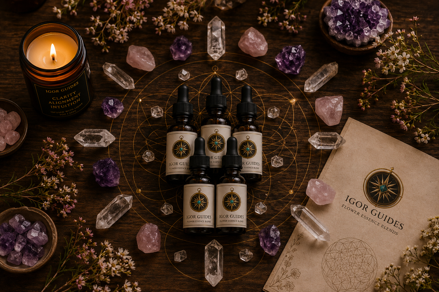 Igor Guides Flower Essence bottles on sacred geometry crystal grid