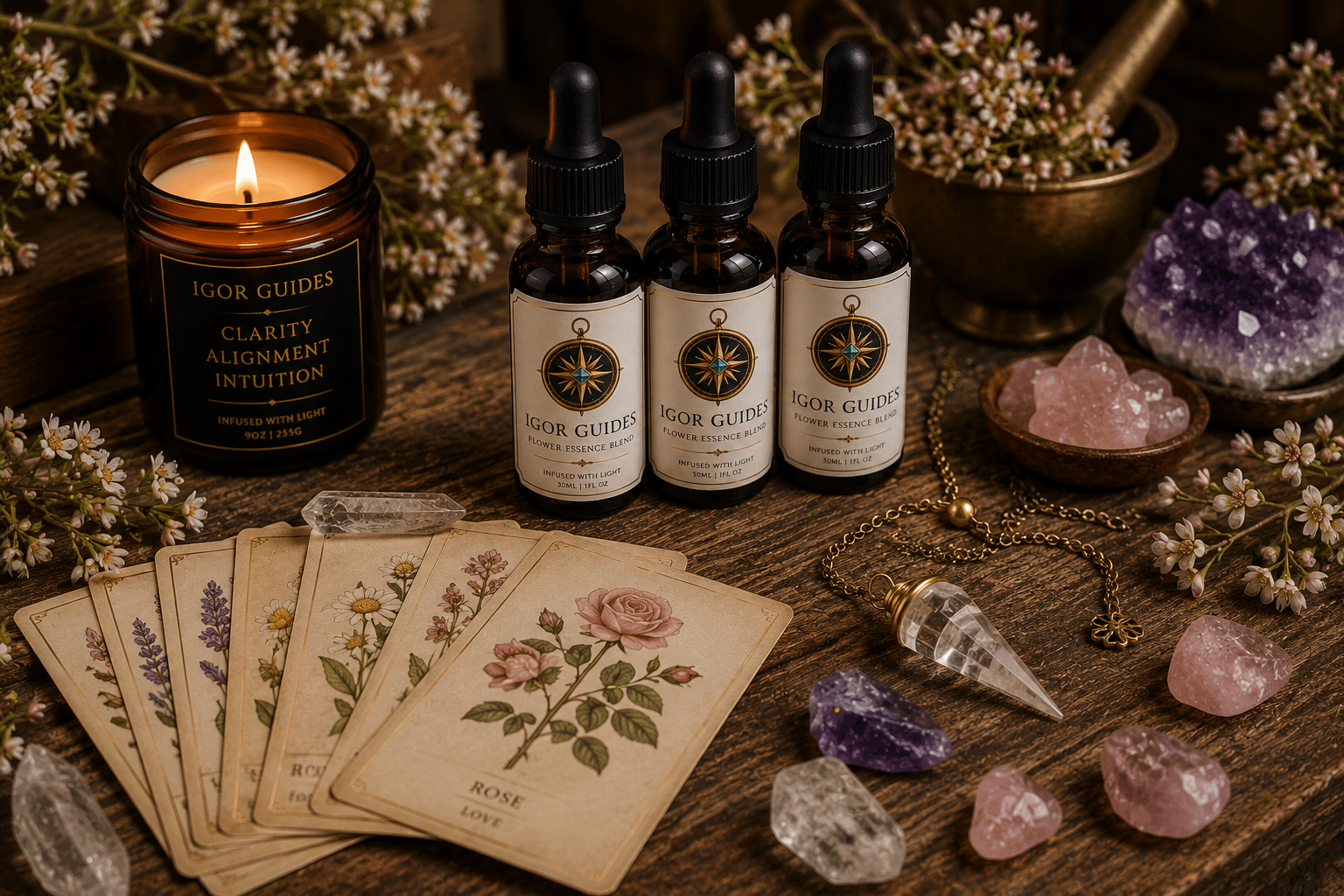 Igor Guides Floral Oracle and Nature Deva Reading with flower oracle cards and crystals