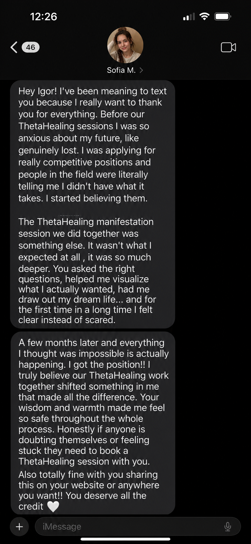 Client testimonial — Sofia M.