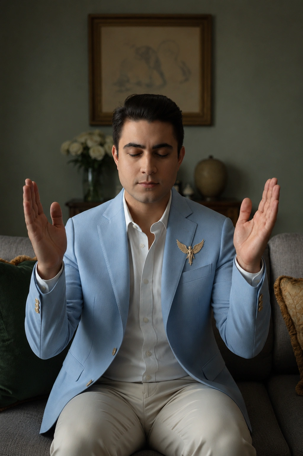 Reiki Master Igor Davis with hands raised in blessing during a distance healing session, wearing a gold angel pin, Igor Guides St. Augustine Florida