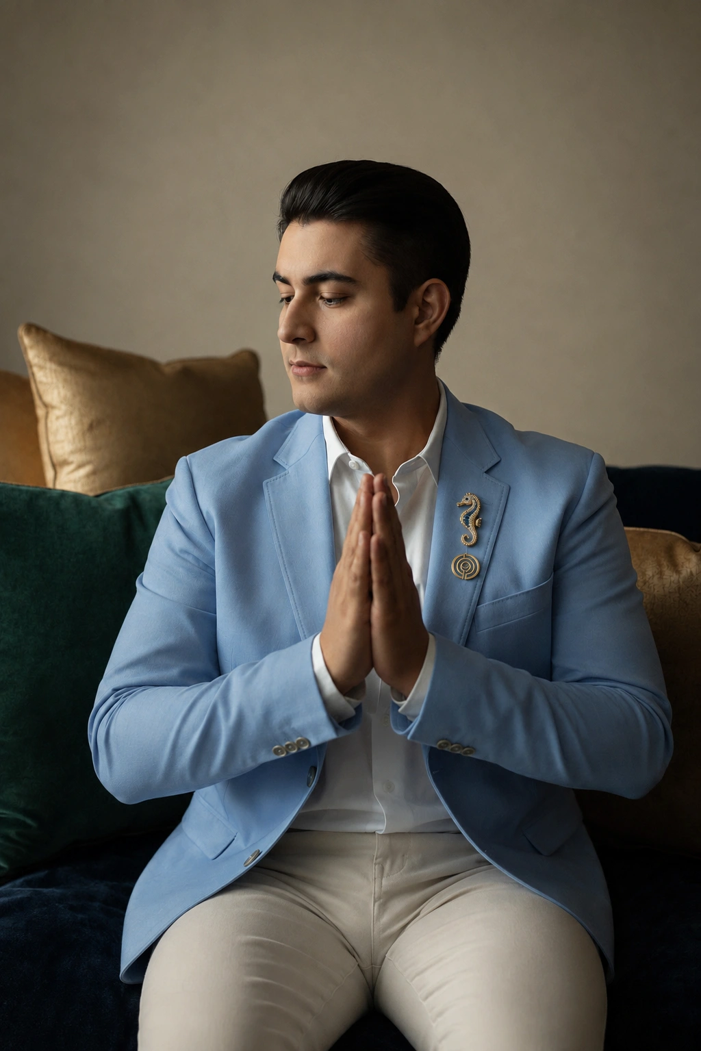 Igor Davis seated in prayer position wearing a gold seahorse and Reiki symbol brooch, Igor Guides St. Augustine Florida
