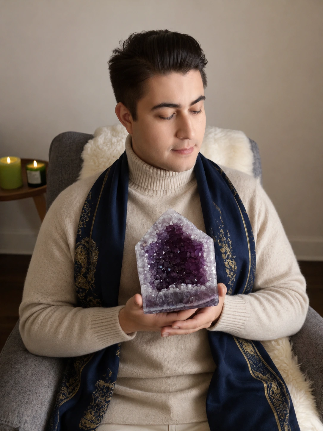Igor Davis holding an amethyst geode during an energy healing practice, wearing a navy and gold shawl, Igor Guides St. Augustine Florida