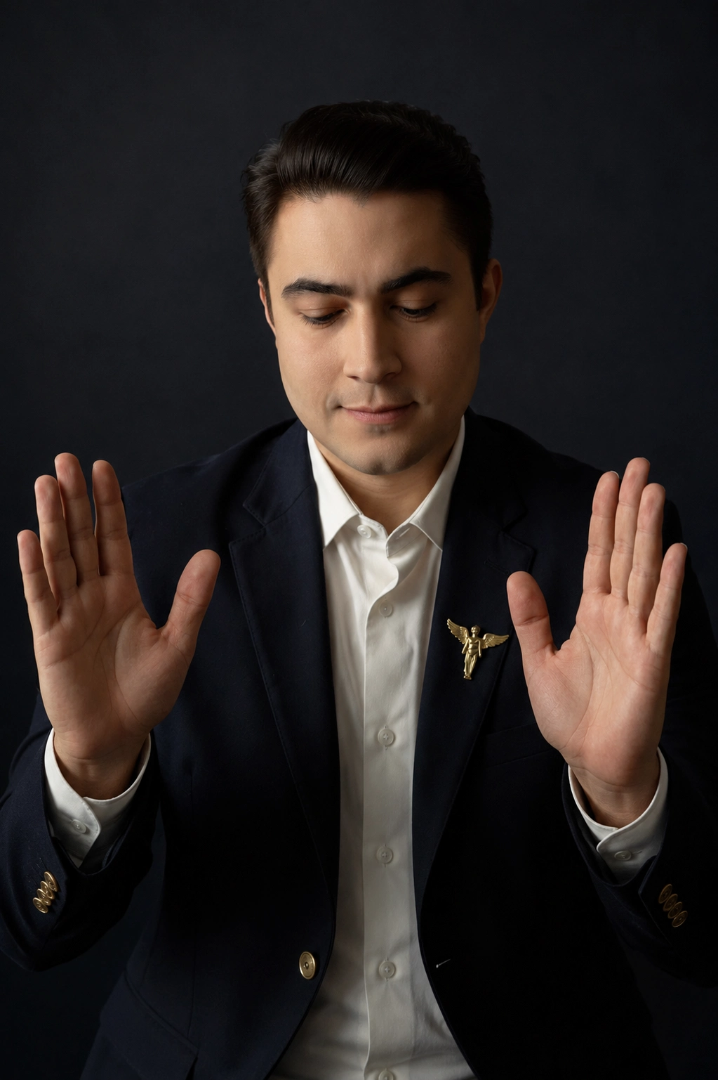 Reiki Master Igor Davis with palms raised channeling energy against a dark backdrop, wearing a gold angel pin, Igor Guides St. Augustine Florida