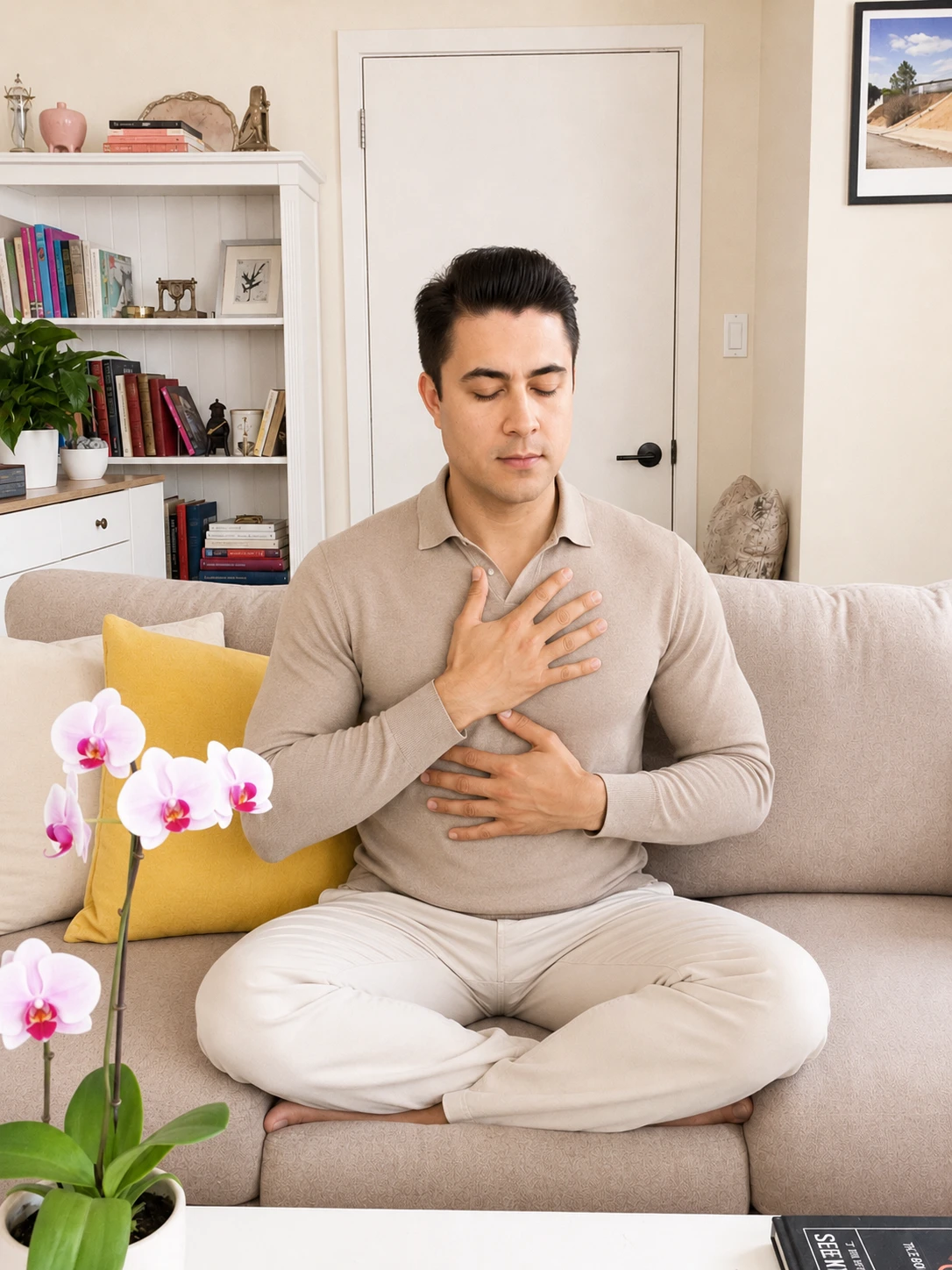 Igor Davis practicing self-Reiki with hands placed over his heart and solar plexus while seated, Igor Guides St. Augustine Florida