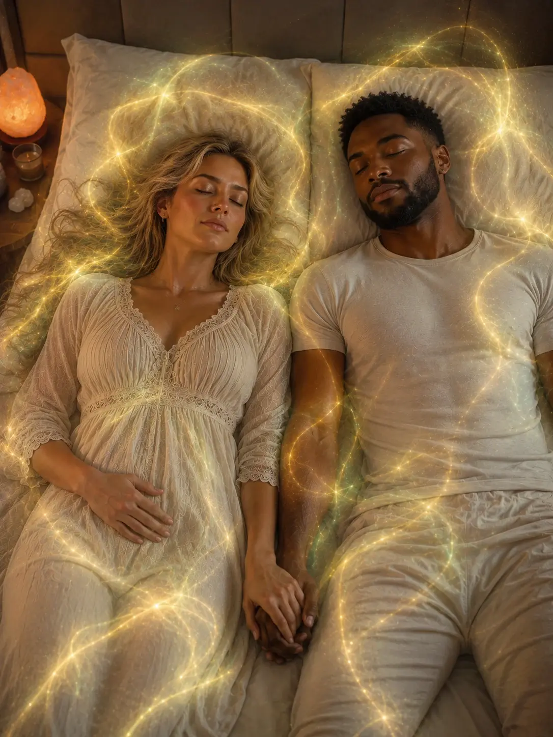 Couple lying peacefully side by side receiving distance Reiki energy healing together, illustrating the 21-Day Reiki Immersion by Igor Guides