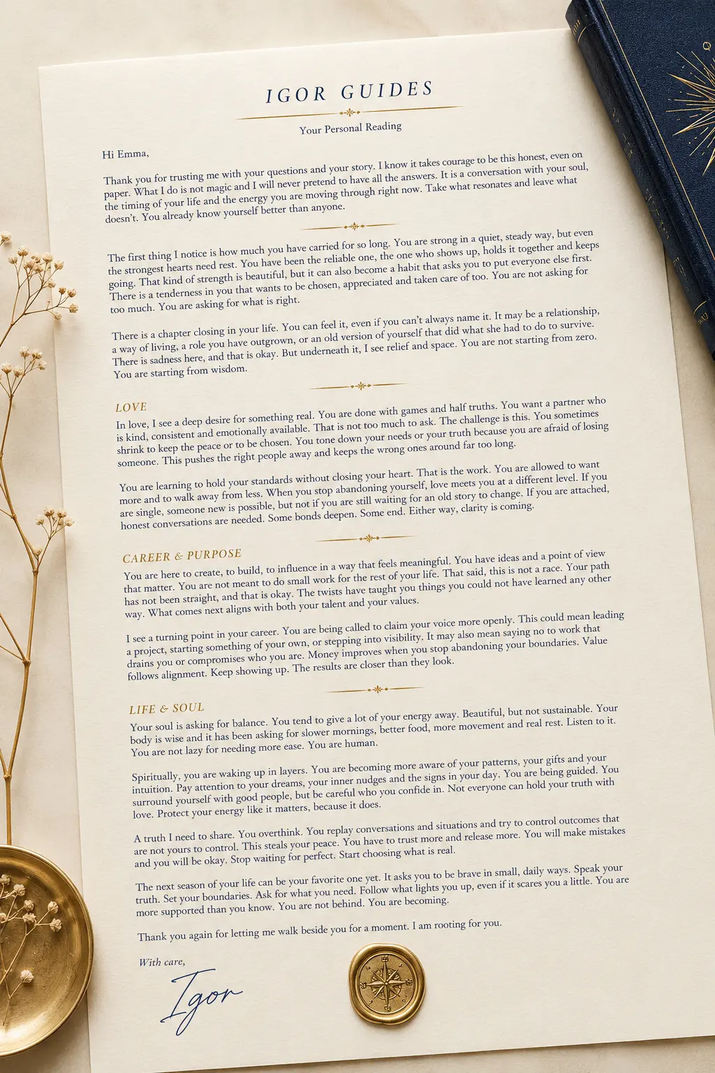 A sample personal reading from Igor Guides, styled as a letter, resting on a table with a wax seal and signature