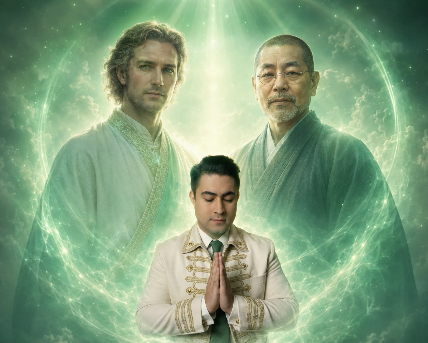 Igor Davis in prayer position, channeling energy healing connected to the lineage of Mikao Usui and the ascended master Hilarion of the Seventh Ray