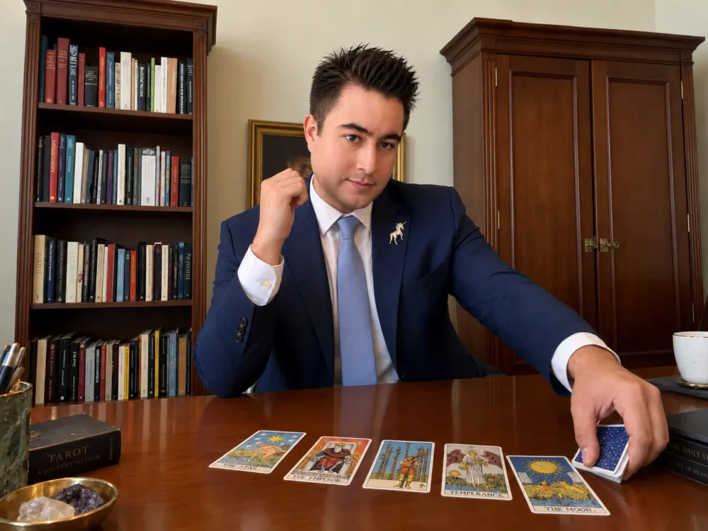 Business tarot reading concept with tarot card beside an open ledger on a wooden desk