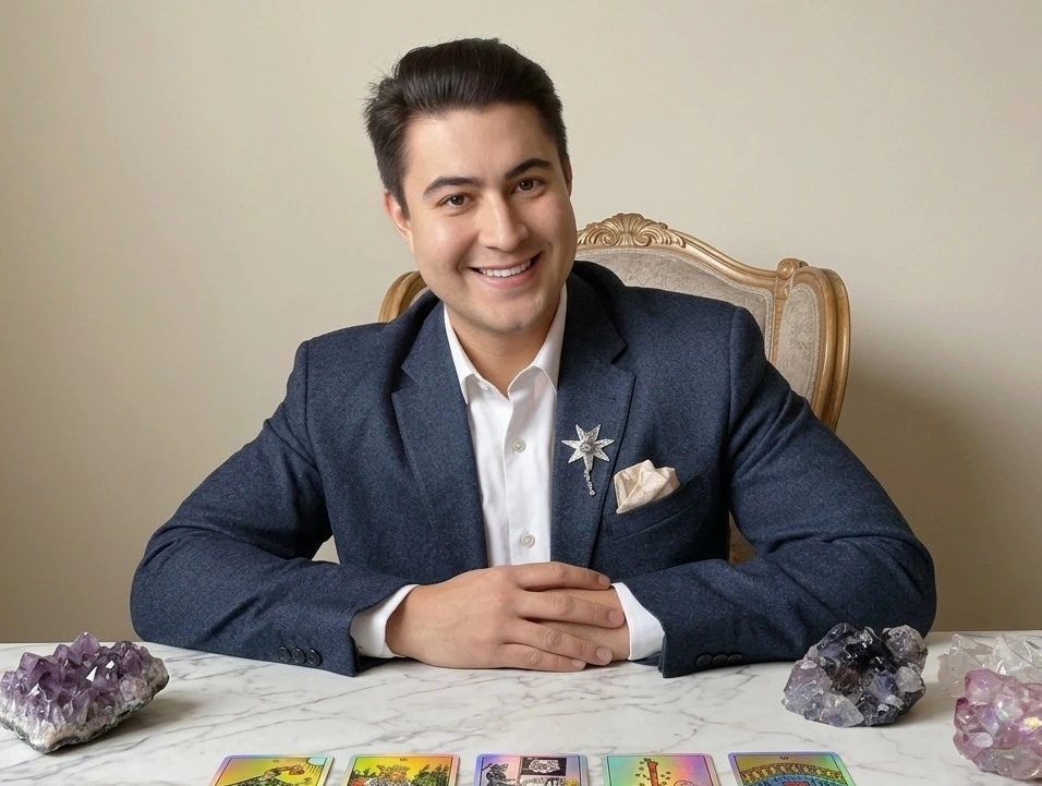 A tarot card and gold leaf on a desk, symbolizing manifesting business success through reflection
