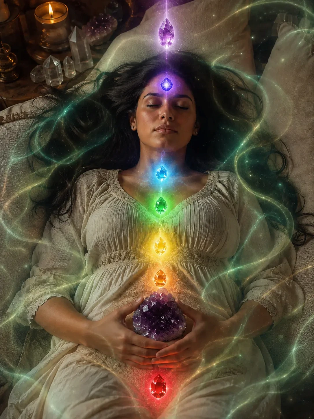 Woman lying down relaxed with the seven chakras glowing along her body as Reiki energy arrives, illustrating the 21-Day Reiki Immersion by Igor Guides