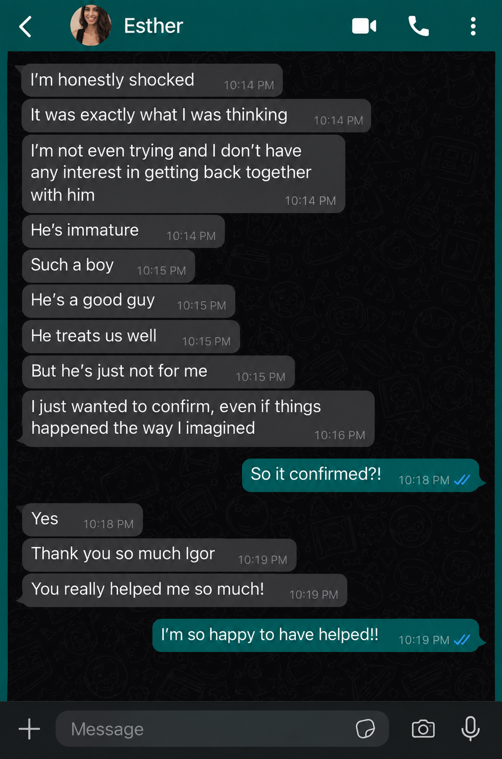 Client message after a session with Igor Guides