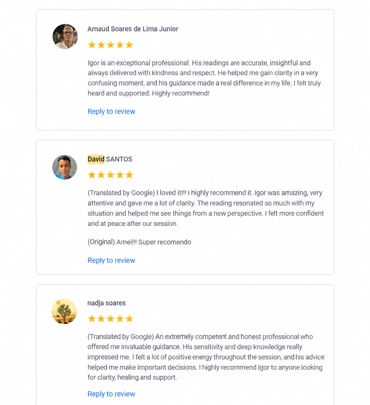 Verified five-star Google review for Igor Guides