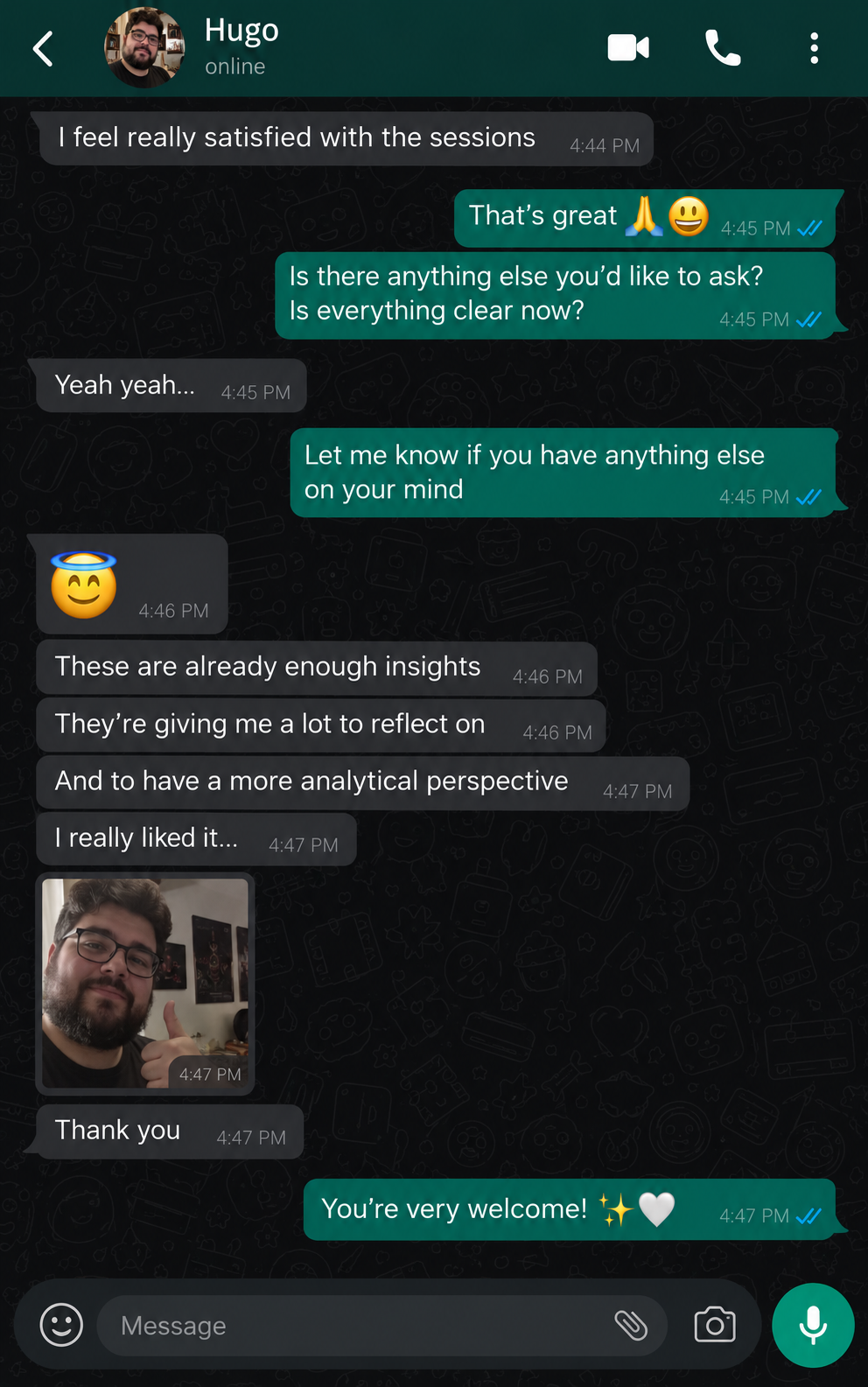 Client message after a session with Igor Guides