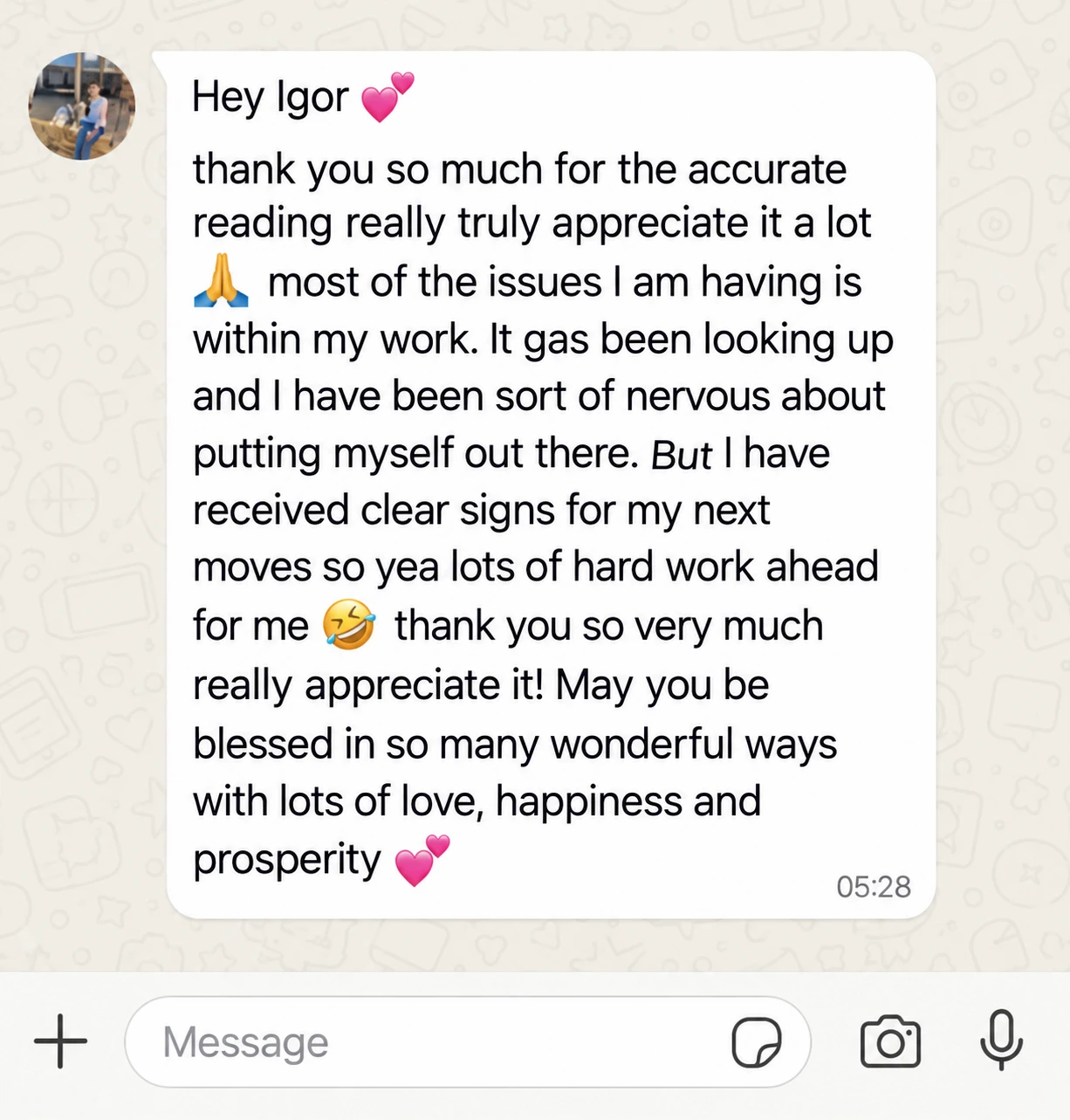 Client message after a reading with Igor Guides