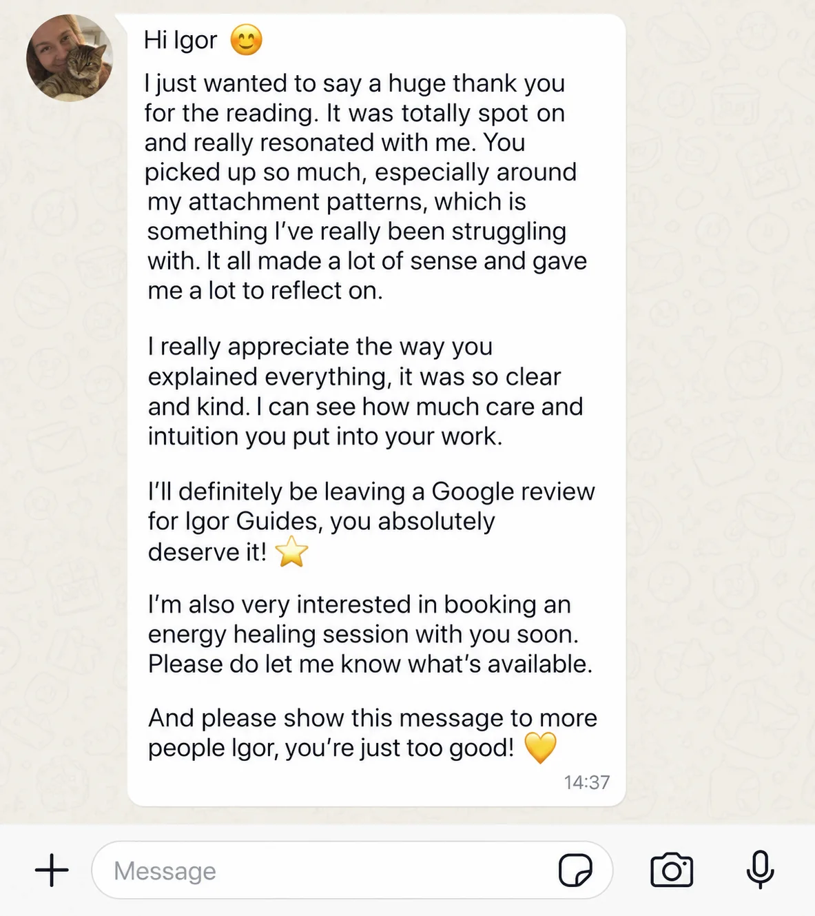 Client message after a reading with Igor Guides