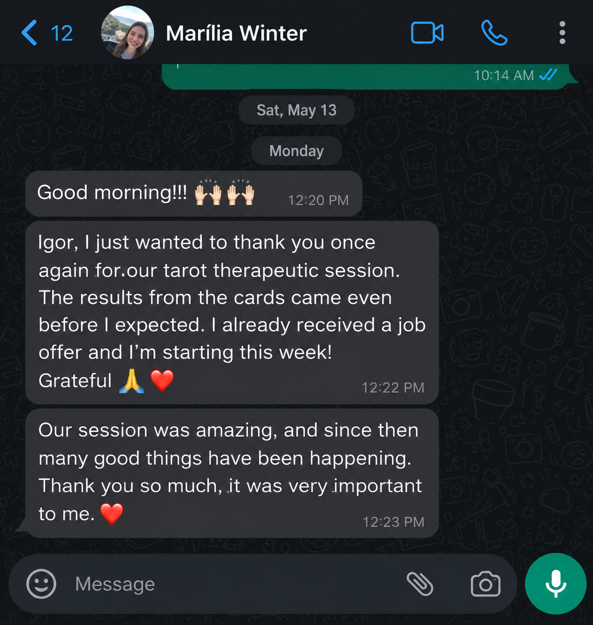Client message after a session with Igor Guides