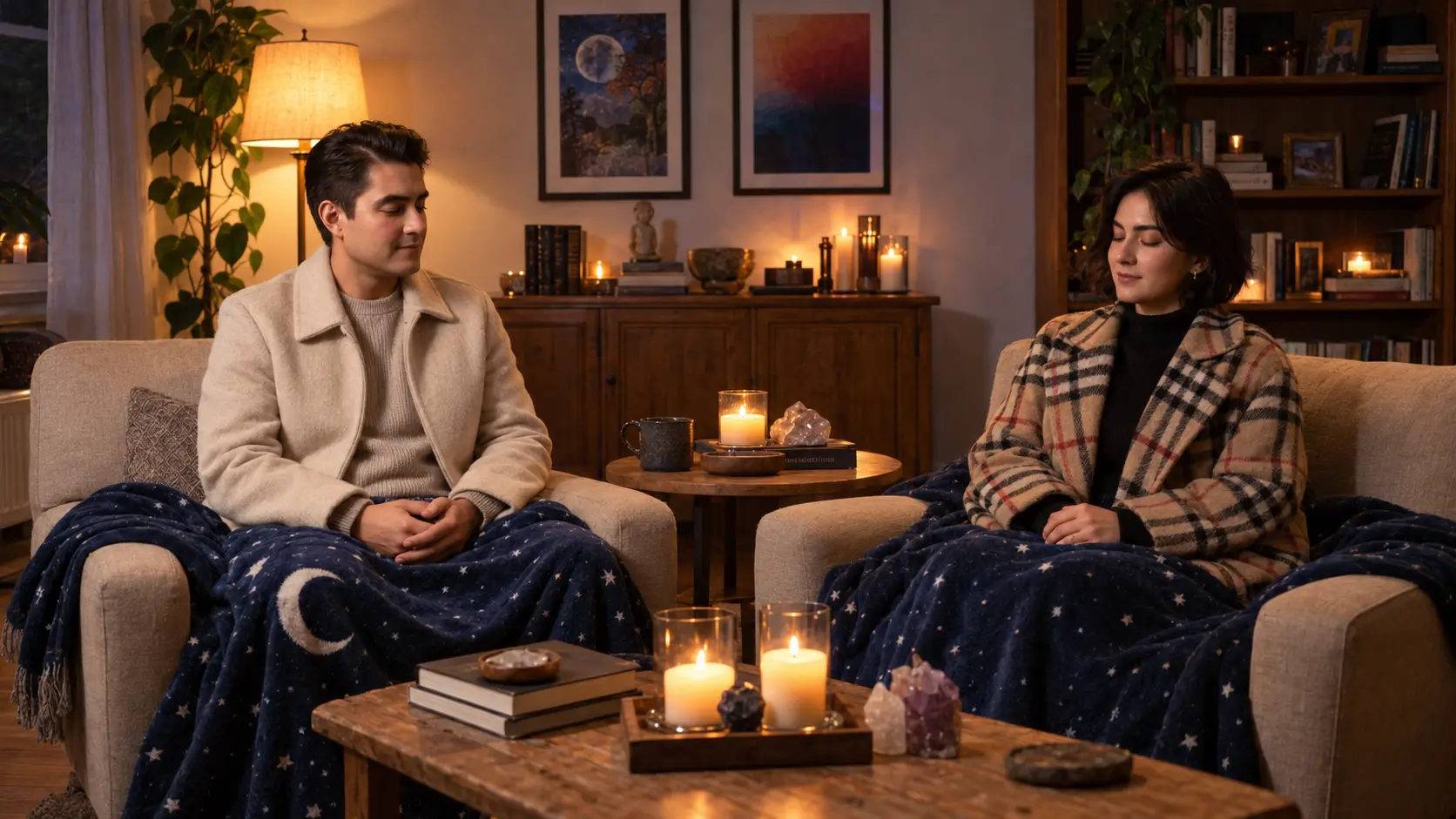 Two people resting with eyes closed under starry blankets in a candlelit room during a healing session