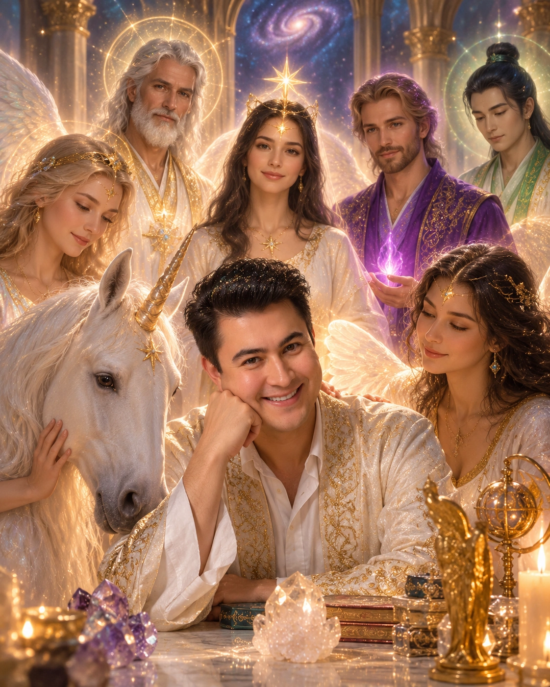 Digitally created artwork of Igor Davis smiling at a crystal table surrounded by luminous angels, a unicorn and celestial guides