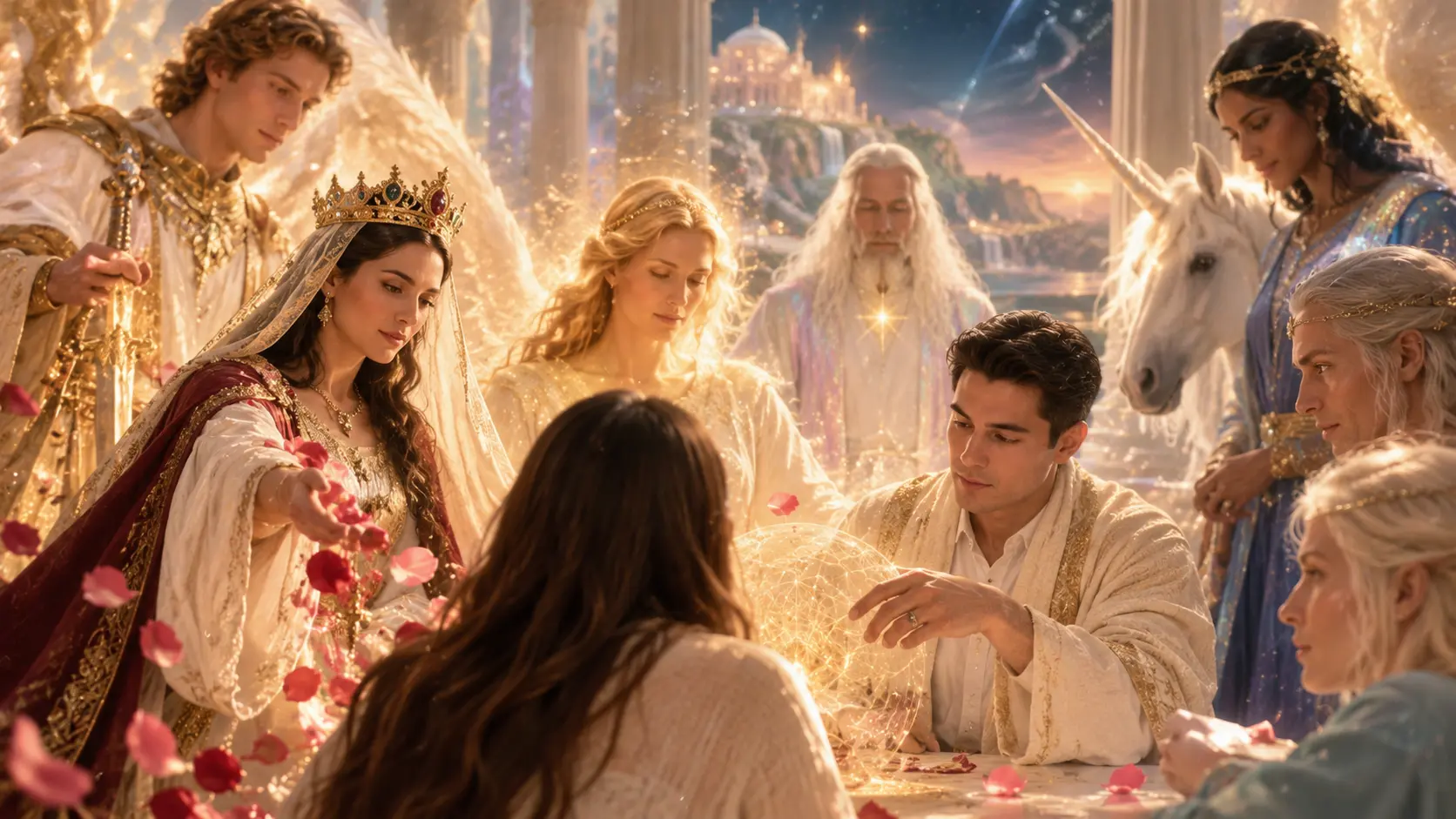 Digital art of Igor Davis kneeling in prayer before a golden altar, surrounded by angels, a unicorn and celestial guides of light