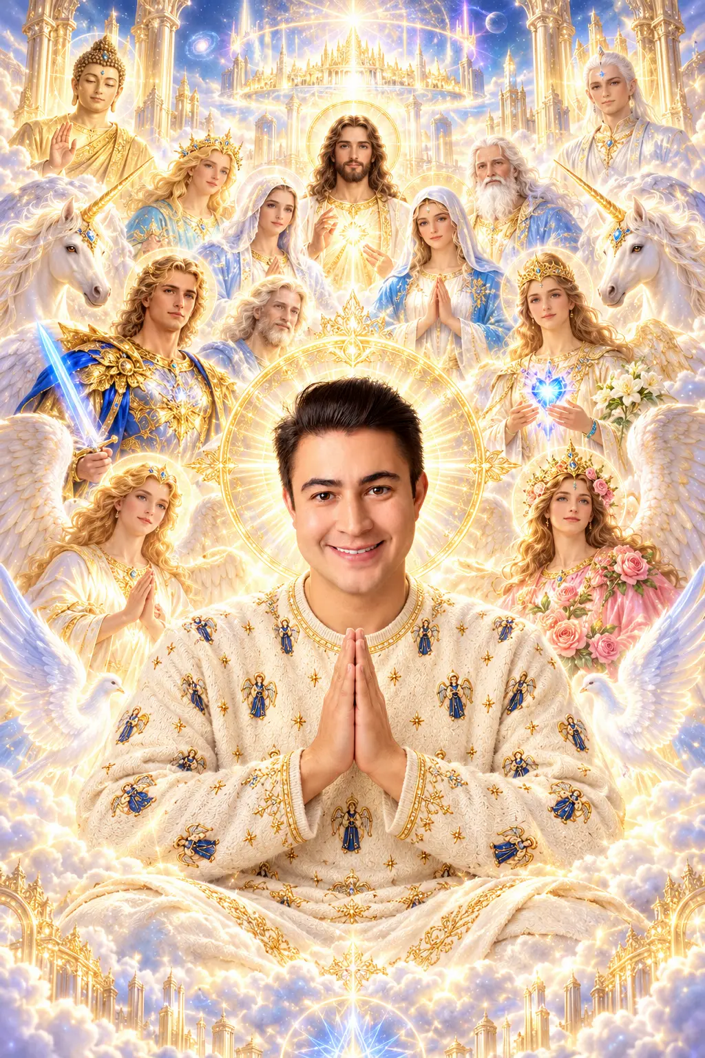 Digital art of Igor Davis in prayer, surrounded by angels, archangels, saints, unicorns and beings of light