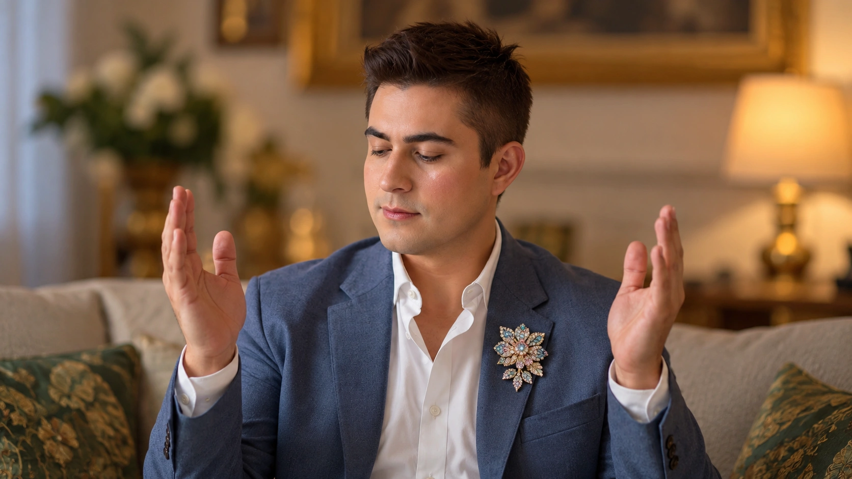 Igor Davis in a navy blazer with a jeweled floral brooch, eyes closed and hands raised in a Reiki meditation