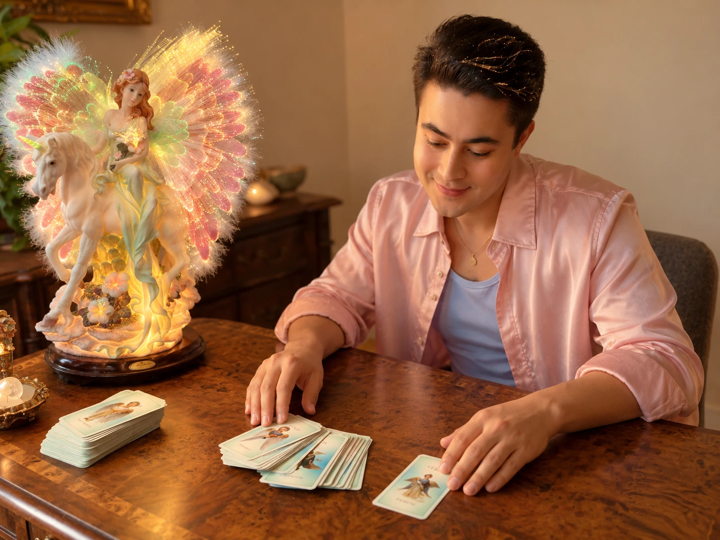 Igor Davis smiling as he lays out angel oracle cards at a wooden table beside a glowing fairy and unicorn lamp