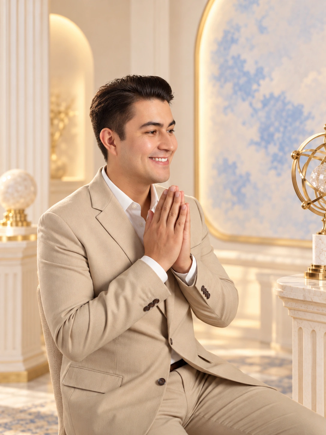 Igor Davis in a beige suit with hands pressed together in a gesture of gratitude, in a bright golden interior