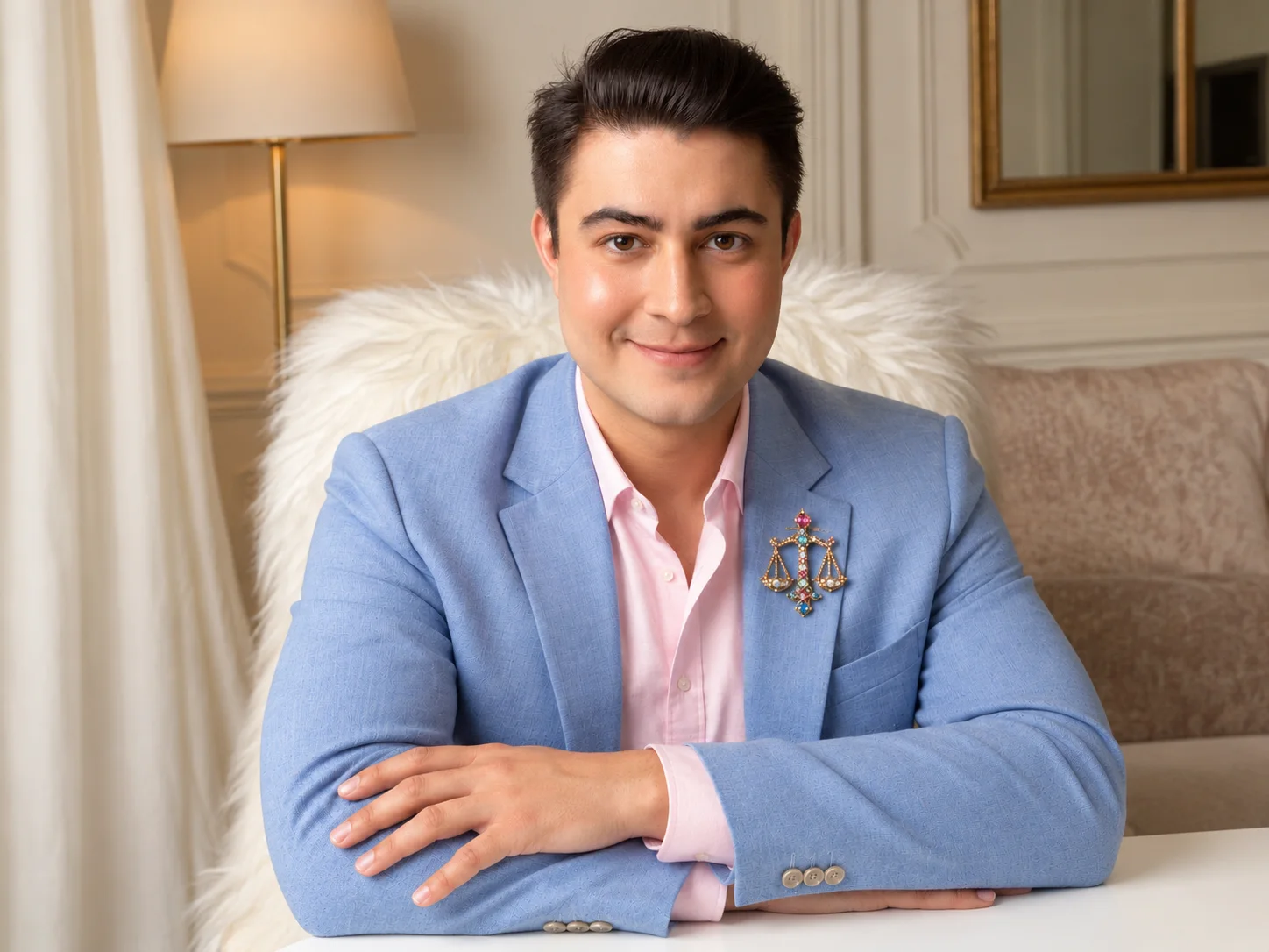 Igor Davis looking into the camera in a periwinkle blazer and pink shirt with a jeweled brooch, online sessions worldwide