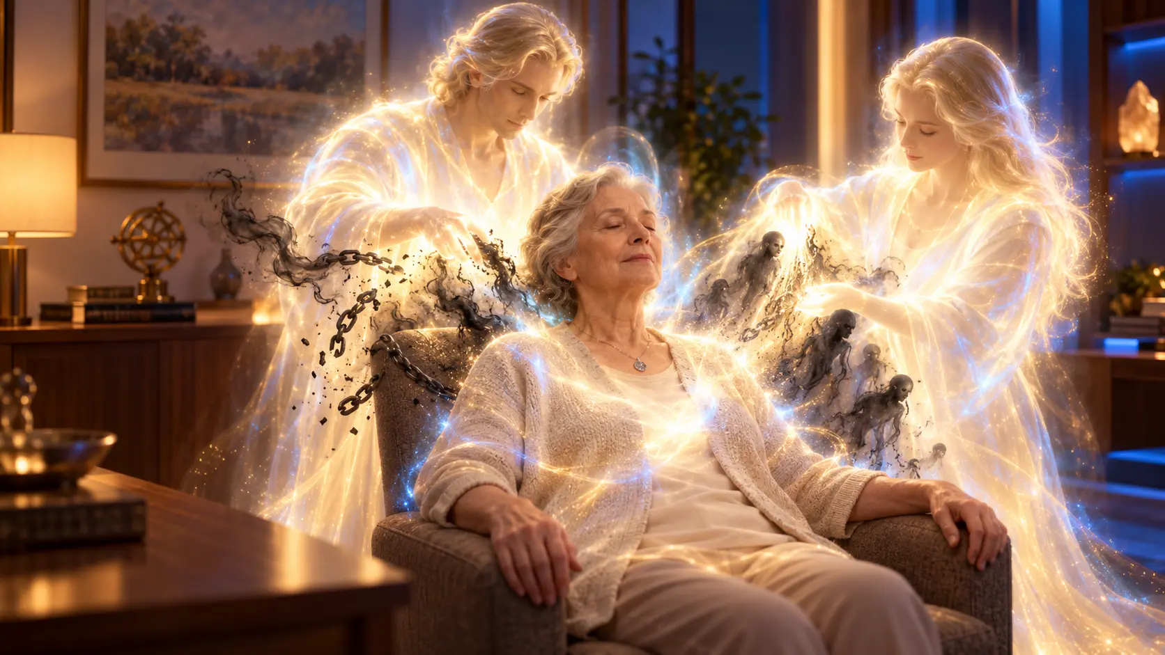 Digital art of two angels clearing dark chains and heavy energy from a woman resting in an armchair