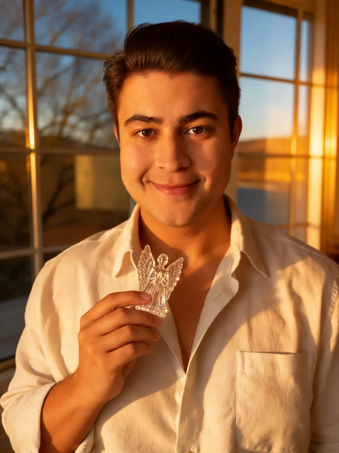 Igor Davis, intuitive psychic channeler and spiritual counselor, smiling in golden-hour light while holding a crystal angel