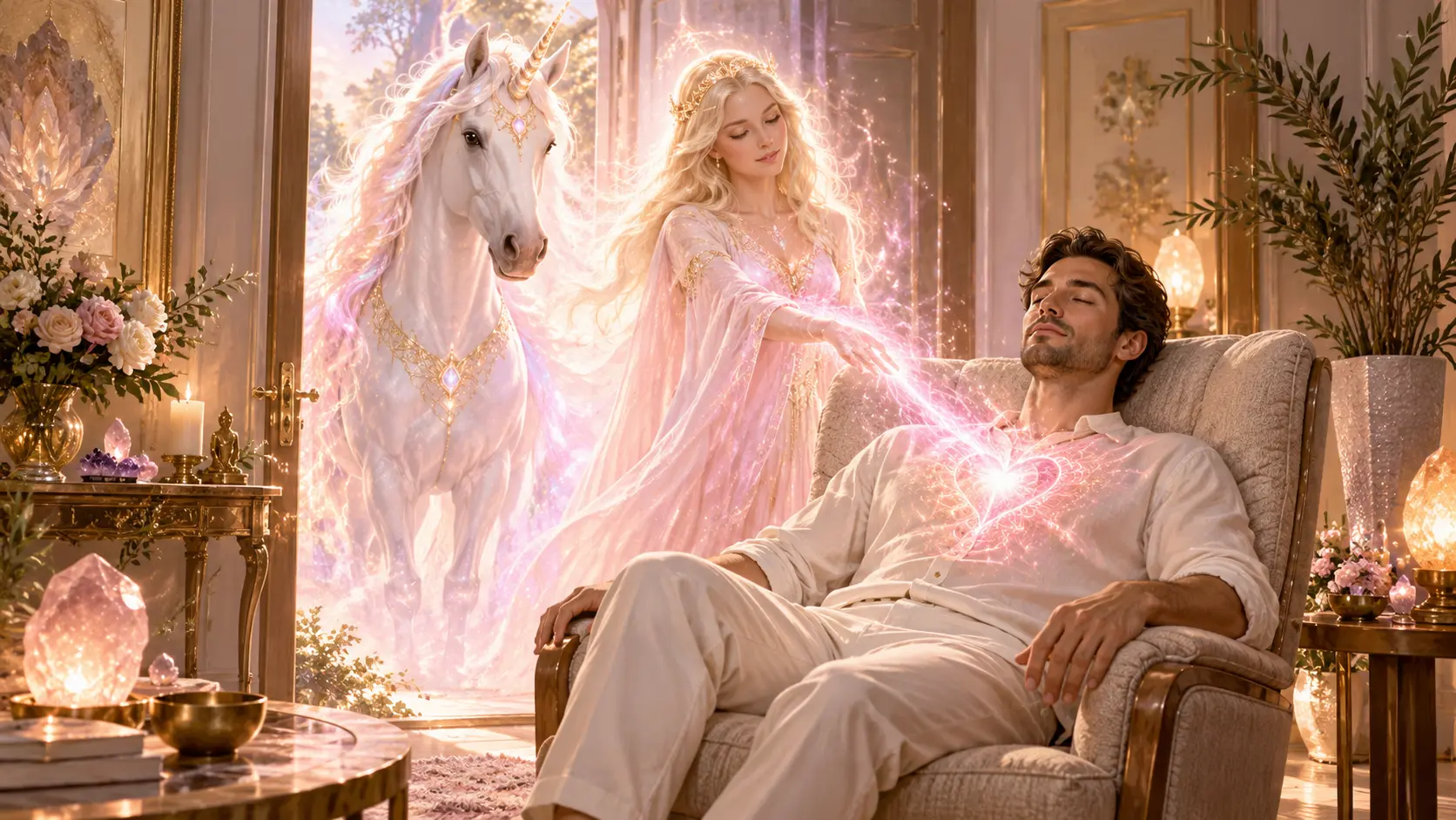 Digital art of an angel and a unicorn sending healing light to a man resting in an armchair