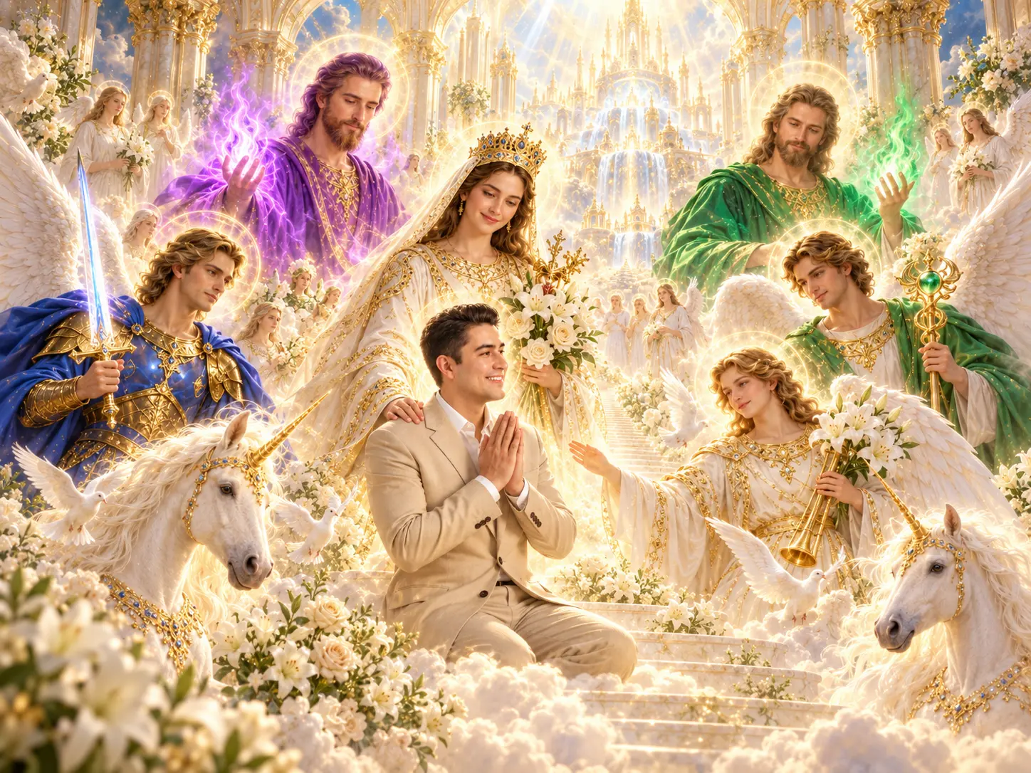 Digital art of Igor Davis in prayer, surrounded by his spiritual team of angels, archangels, saints and guides of light in a golden heavenly court