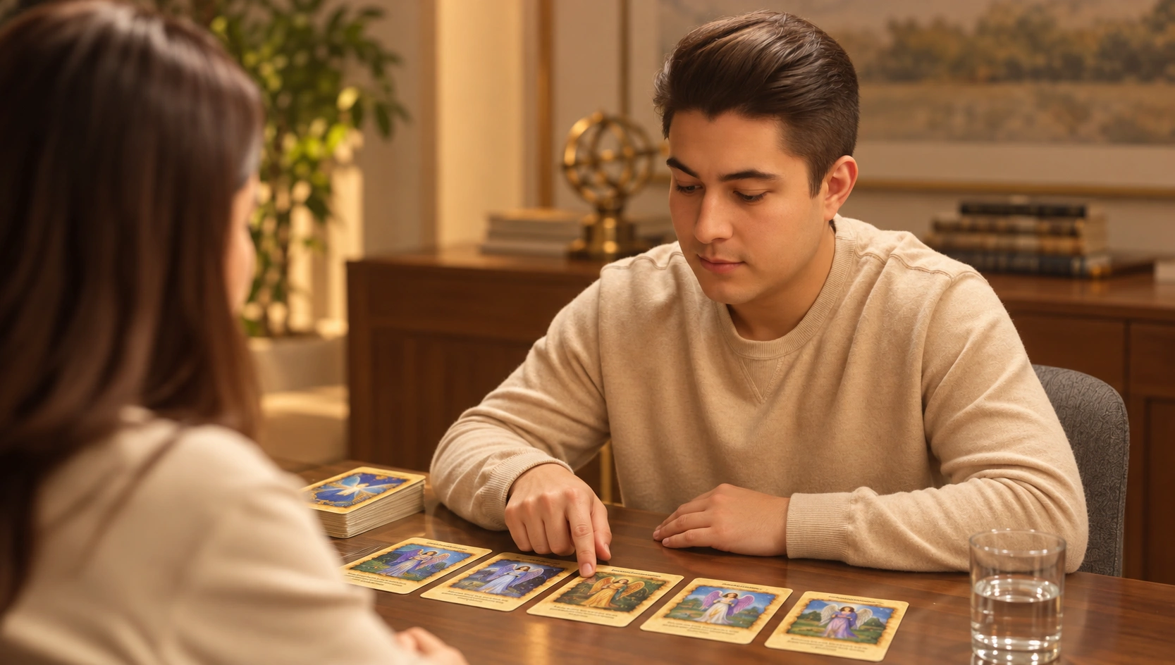Igor Davis giving a warm angel oracle card reading to a client, with the cards laid out on a wooden table