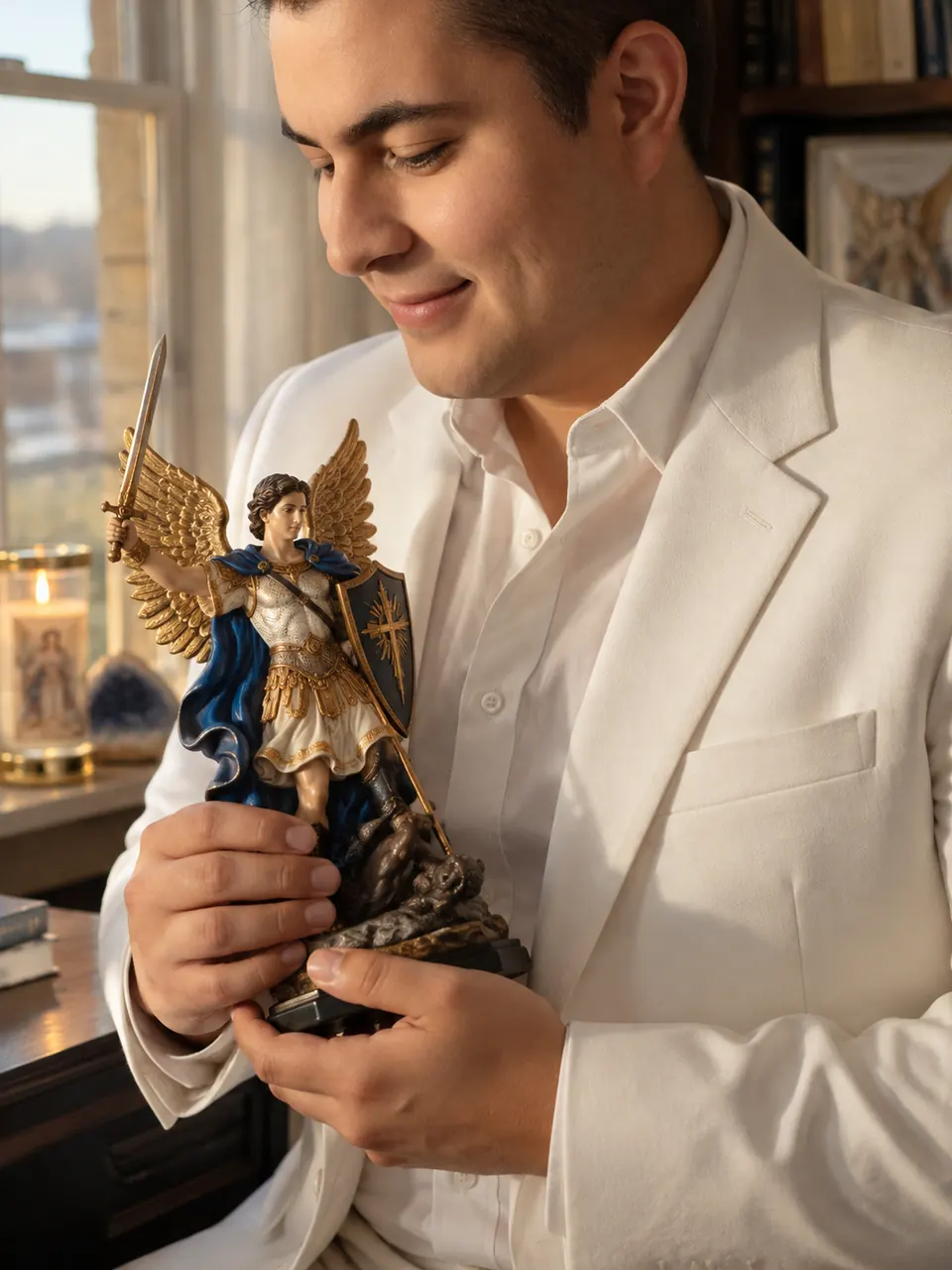 Igor Davis gazing tenderly at a statue of Archangel Michael by a sunlit window