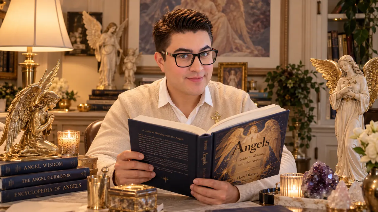 Igor Davis reading a guide to working with the angels in a study filled with angel statues and candles