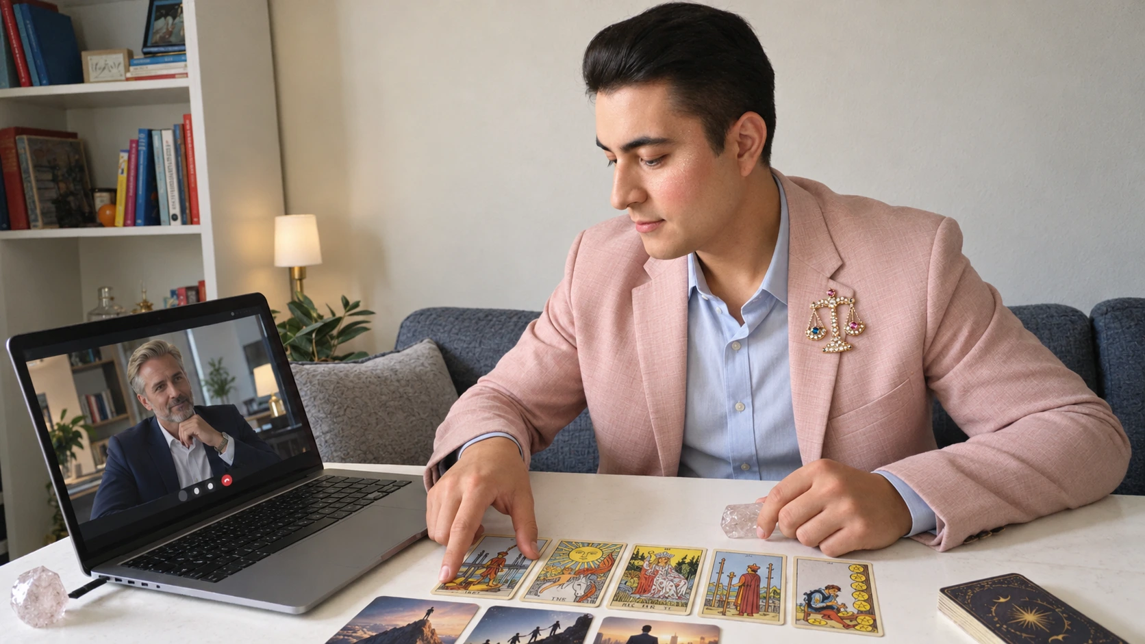 Igor Davis giving an online business tarot reading to an executive on a video call