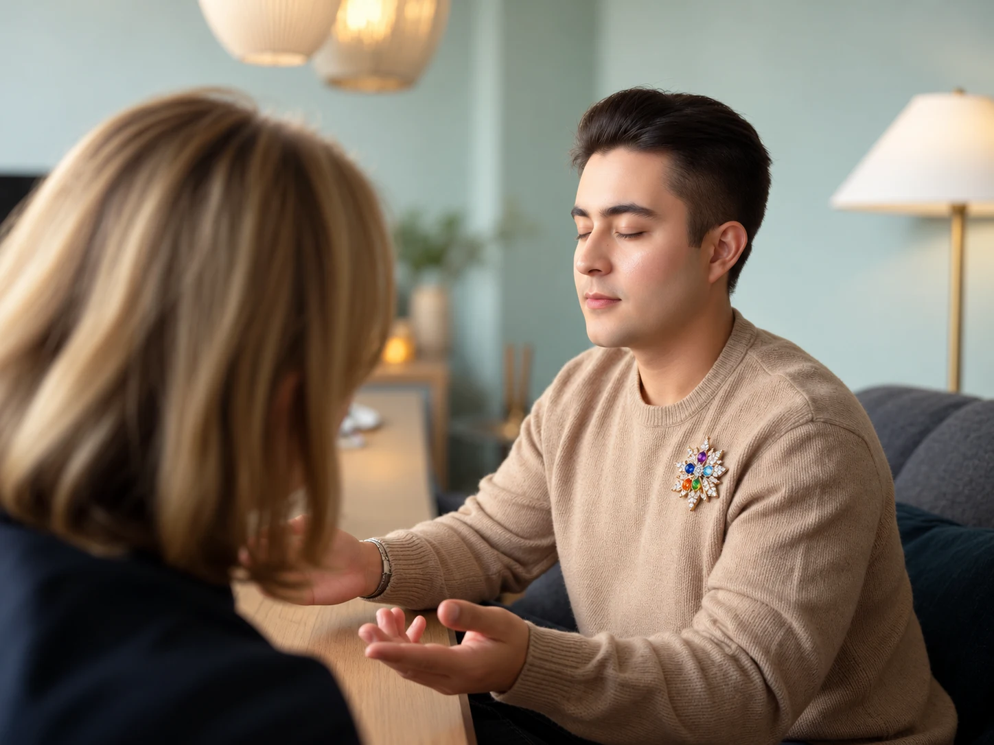 Igor Davis with closed eyes and open hands channeling energy during a spiritual guidance session with a client