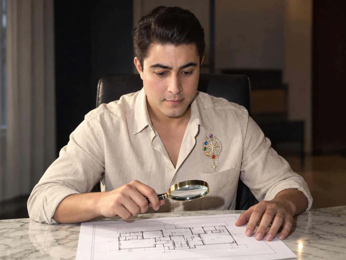 Igor Davis holding a magnifying glass over a floor plan to connect with the consciousness of a home