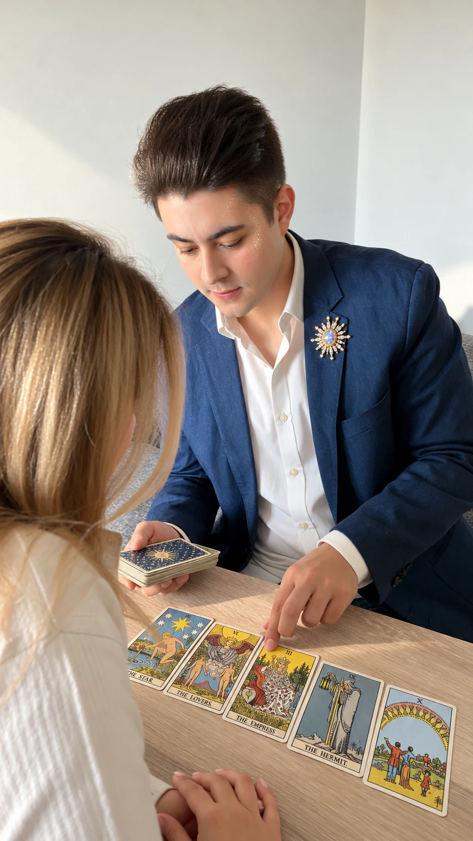 Igor Davis giving a business tarot reading to a professional woman