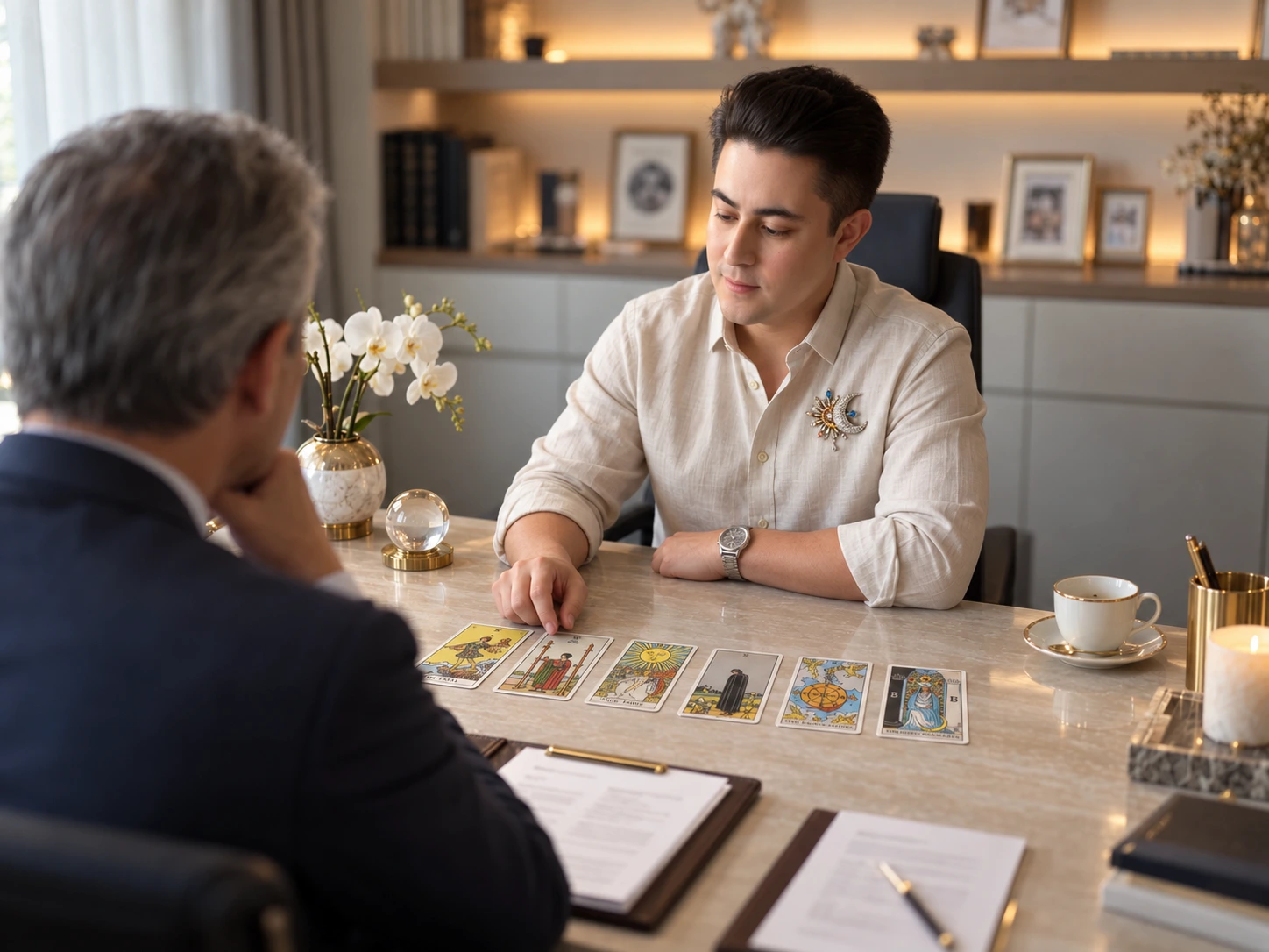 Igor Davis giving a business tarot reading to an executive in an elegant office