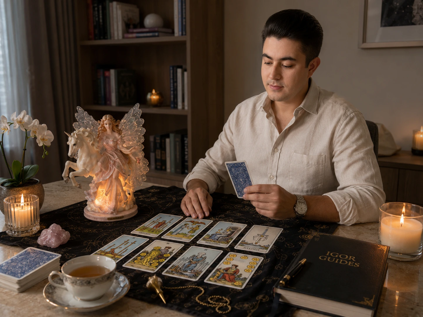 Igor Davis giving a tarot and oracle reading with a card spread, candles, and an angel figurine