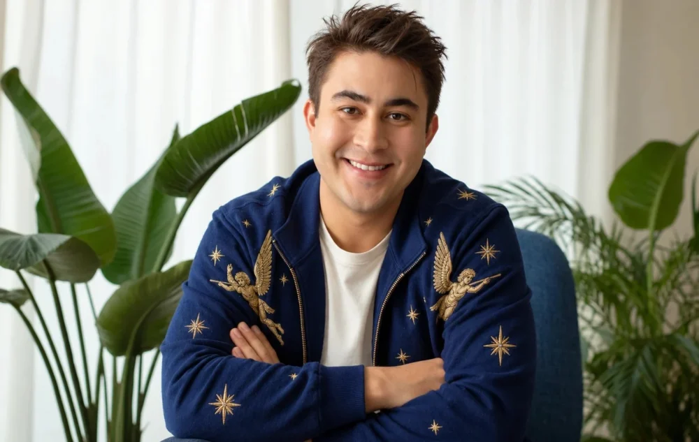 Smiling man in a navy jacket with gold angel embroidery, sitting relaxed among green plants, illustrating lucky people and low resistance
