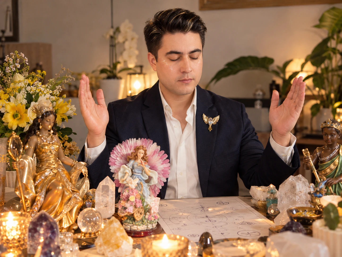 Igor Davis with raised hands in prayer, invoking angelic healing energy for a Reiki session