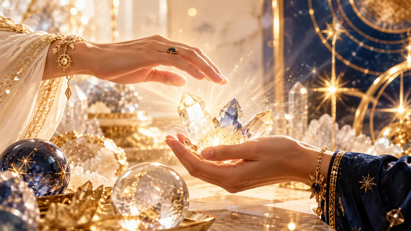 Two hands exchanging a glowing crystal cluster in a golden interior, representing energetic cleansing and spiritual healing