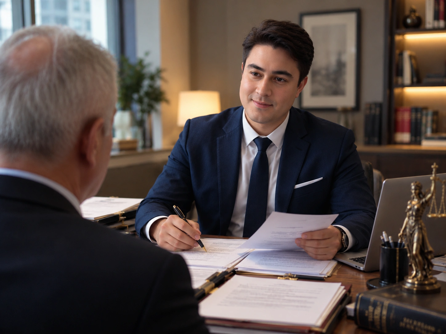 Igor Davis in a navy suit reviewing documents during a consultation in a law office