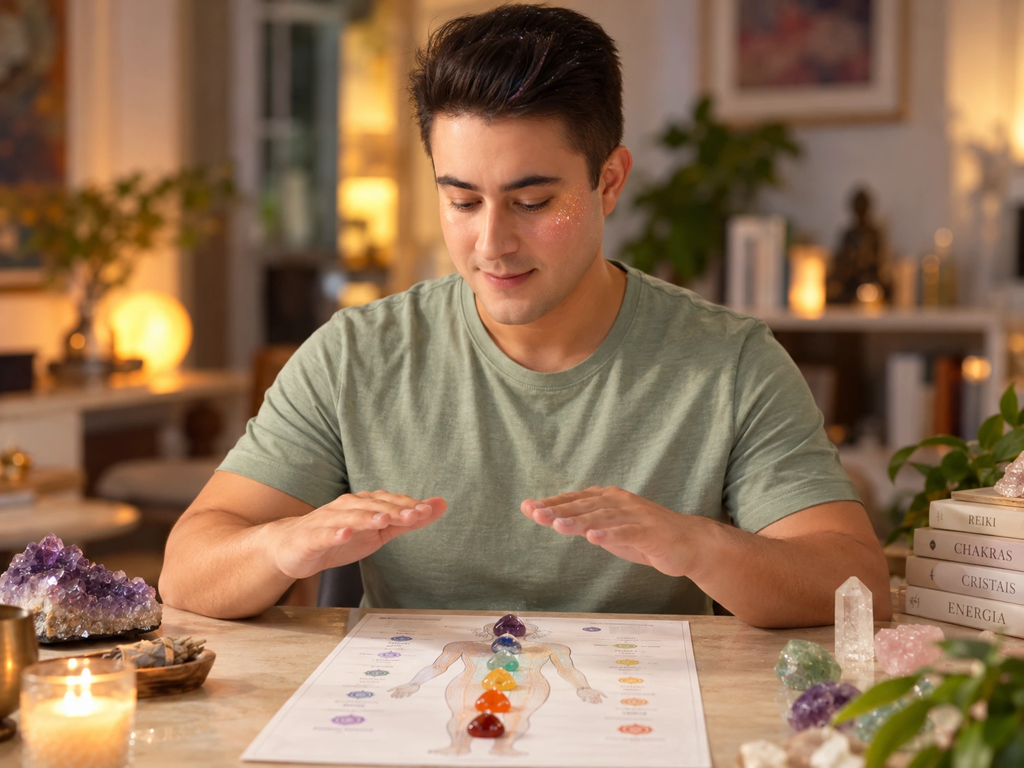Igor Davis holding his hands over a chakra chart while channeling Reiki energy