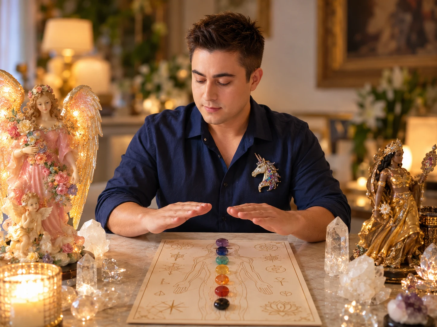 Igor Davis performing a Reiki energy healing ritual with chakra stones, crystals, and angel figurines
