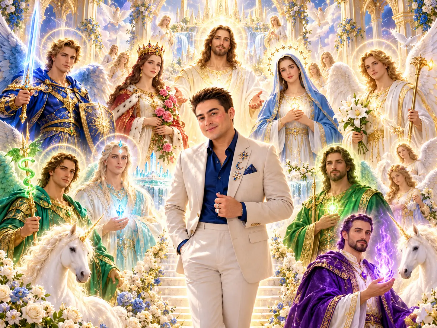 Digital art of Igor Davis in a cream suit, standing among angels, archangels, saints and unicorns in a celestial garden of light