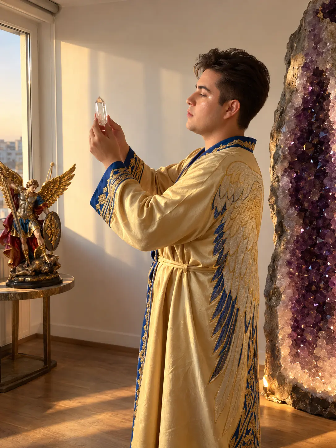 Igor Davis in a gold and blue robe embroidered with angel wings, holding a clear quartz crystal in golden hour light beside an archangel statue and a giant amethyst geode